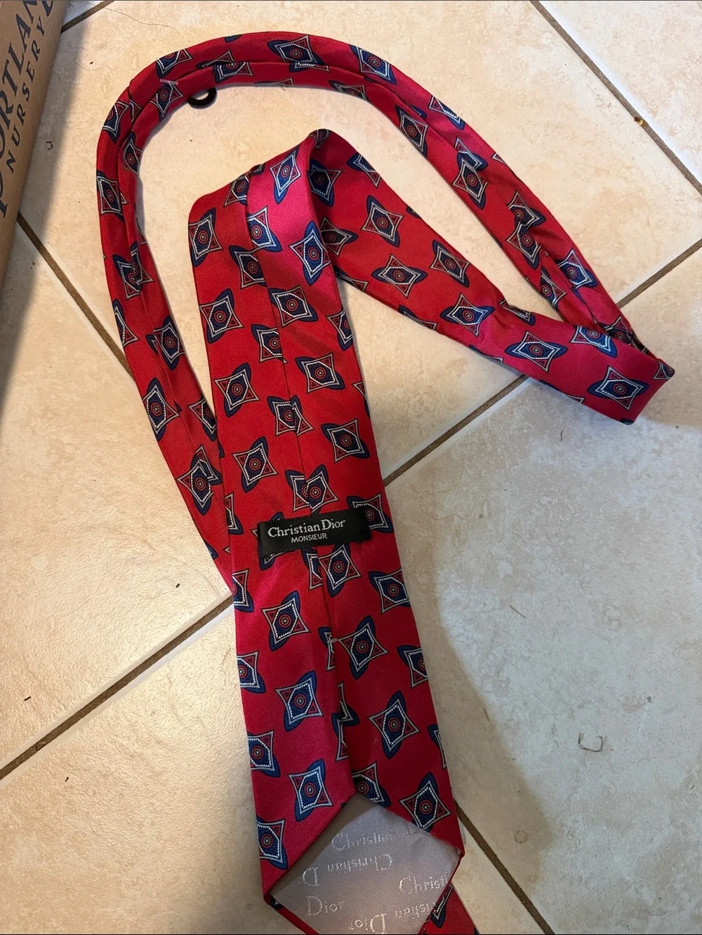 Dior Red Silk Tie with Navy & Cream Geometric Motif